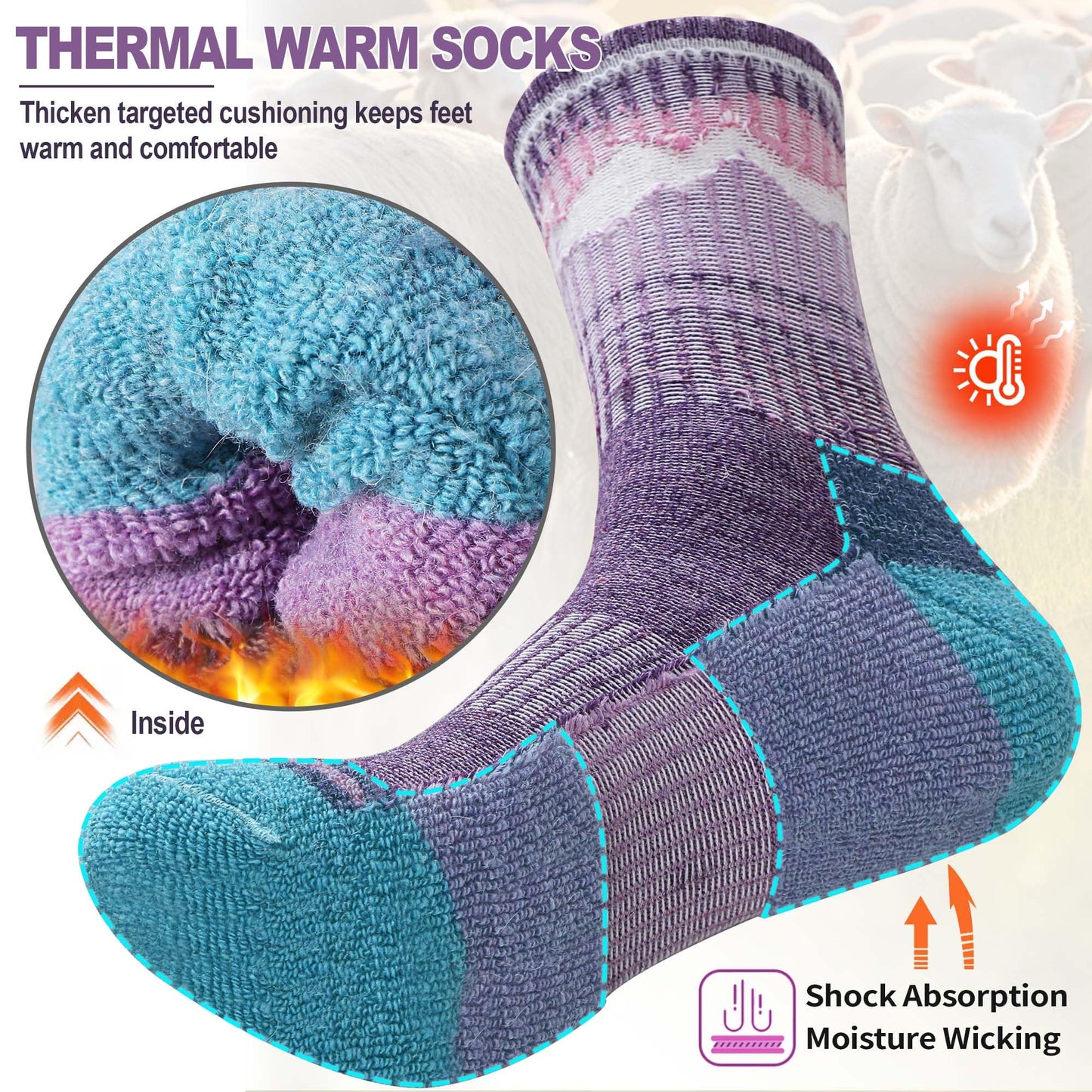 Sandsuced Womens Merino Wool Hiking Socks Thermal Winter Warm Cozy Outdoor Crew Socks 5 Pairs Gift Stocking Stuffers(Purple/Blue/Dark Blue/Rose Pink/Light Blue，M)