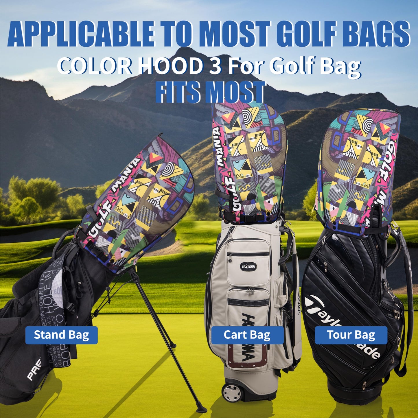 SANDIAN, Mania Design, Golf Bag Rain Hood Cover, Waterproof 1260D Oxford Polyester, 12x20 Inches, Padded Protection, PU Coated, Two Sided Zipper, Adjustable Buckle Lock Fasteners, Snap Button Locking