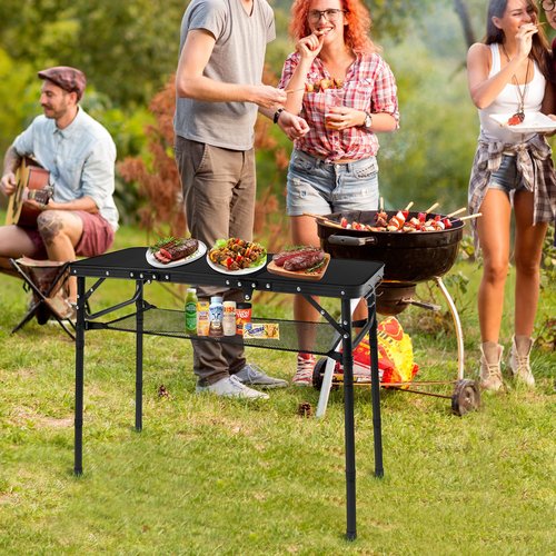 CJPWMT Folding Camping Table with Storage Net,3ft Portable Aluminum Folding Table with 3 Adjustable Height Max 27.3 Inch for Outdoor Backyard BBQ Picnic Cooking Tents Beach Indoor Bedroom（Black）