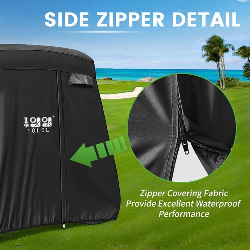 10L0L Golf Cart Cover 2/4/4+2 Passenger for Yamaha EZGO Club Car, Heavy Duty 420D Waterproof Windproof Durable Oxford Golf Cart Cover with 3 Zipper Doors for All-Weather Protection - Black