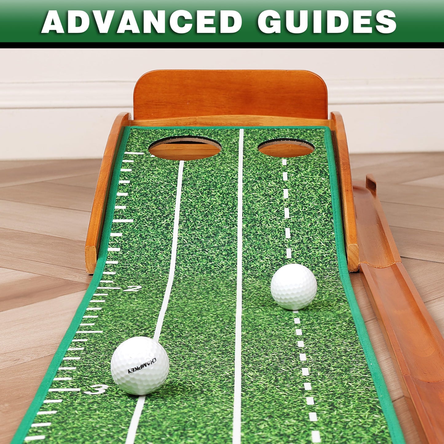 CHAMPKEY Premium Golf Putting Green Indoor with 3 Golf Putting Gates - Improves Putting Accuracy and Skill Levels Golf Putting Mat - Ideal for Indoor and Outdoor Training(Dual Hole - Wooden)