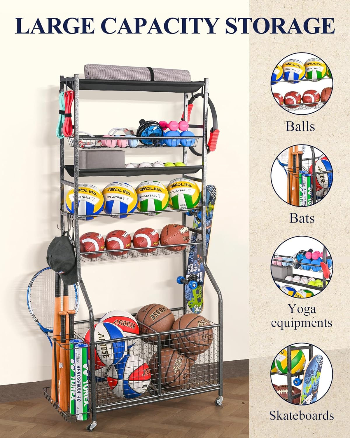 Mythinglogic Garage Ball Storage Organizer - Rolling Sports Equipment Cart with Wheels for Indoor/Outdoor Use