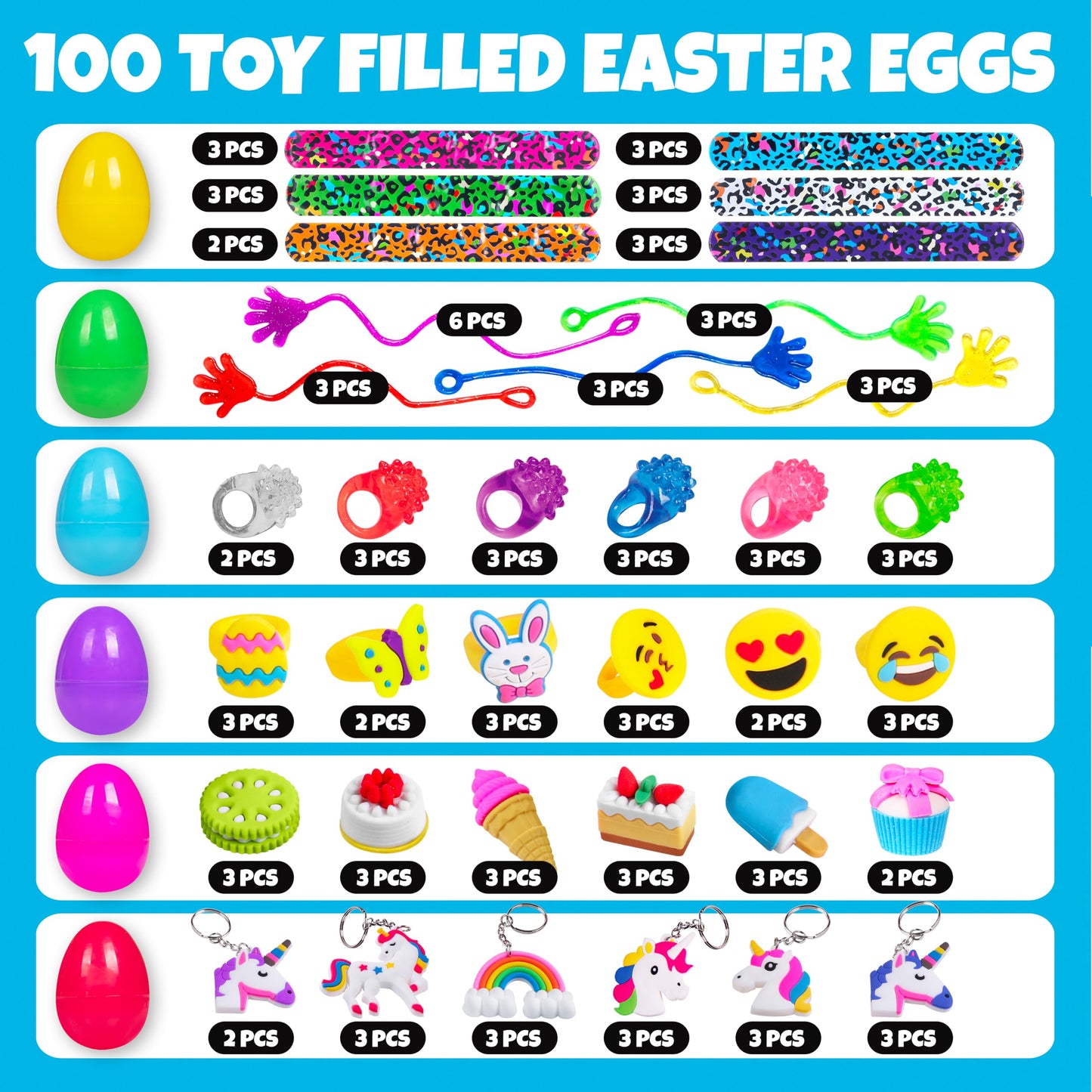 Giraffe 100 Pack Prefilled Easter Eggs Bulk - Multi Color Plastic Filled Easter Eggs for Kids with Toy Filled Slap Bracelets, LED Rings, Stickers - Easter Basket Stuffers for Kids