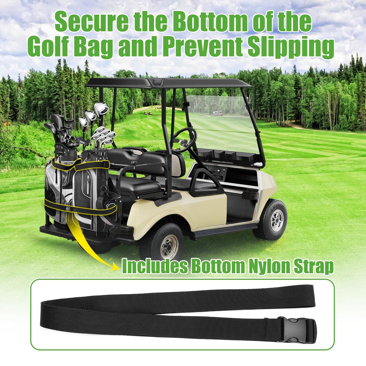 10L0L No Drilling Golf Cart Bag Holder, Universal Adjustable Rear Seat Bag Attachment for 2+2 Seater with 1” Square Metal Frame (Not for Plastic), Stainless Steel Bracket, Fits Yamaha,EZGO, Club Car
