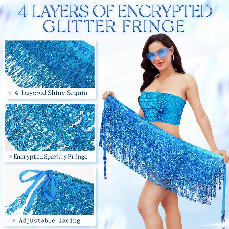 Womens Sequin Tassel Skirt Belly Dance Hip Scarf Sparkly Fringe Skirt Set with Heart Sunglasses and Face Glitter for Festival Rave Party Blue(3Pcs)