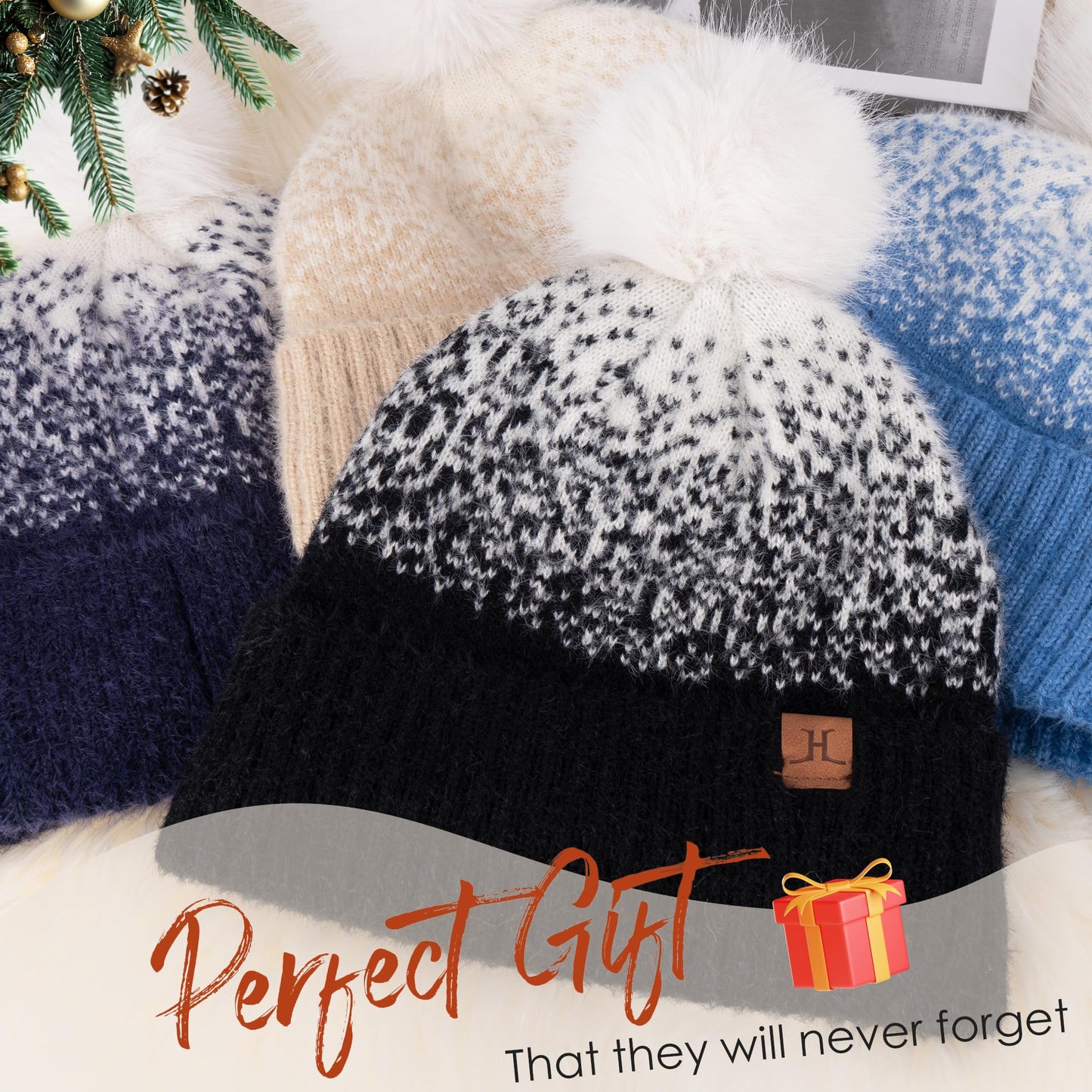 FZ FANTASTIC ZONE Womens Winter Hats Warm Knit Fleece Lined Cap Pompom Beanie Hats for Women Cold Weather Dark Green White