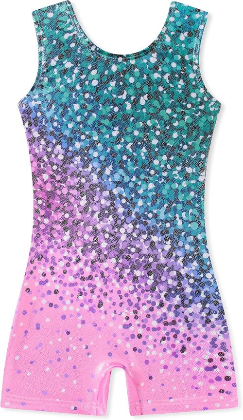 Funnycokid Girls Gymnastics Leotards - Sparkle Dance Unitards with Shorts | Mermaid Design, Sizes 2-10