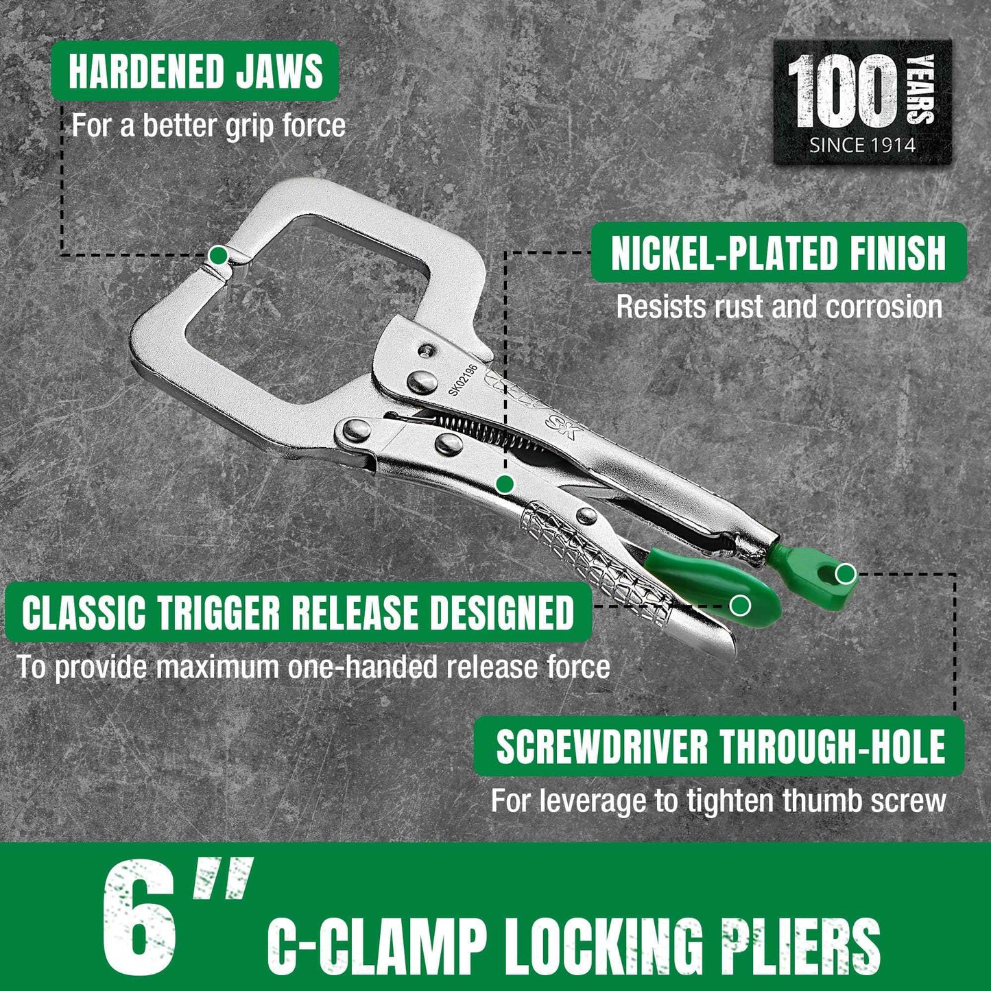 SK 6" C-Clamp Locking Pliers with Regular Jaws, Premium CR-V Construction, Ergonomic Anti-slip Handle
