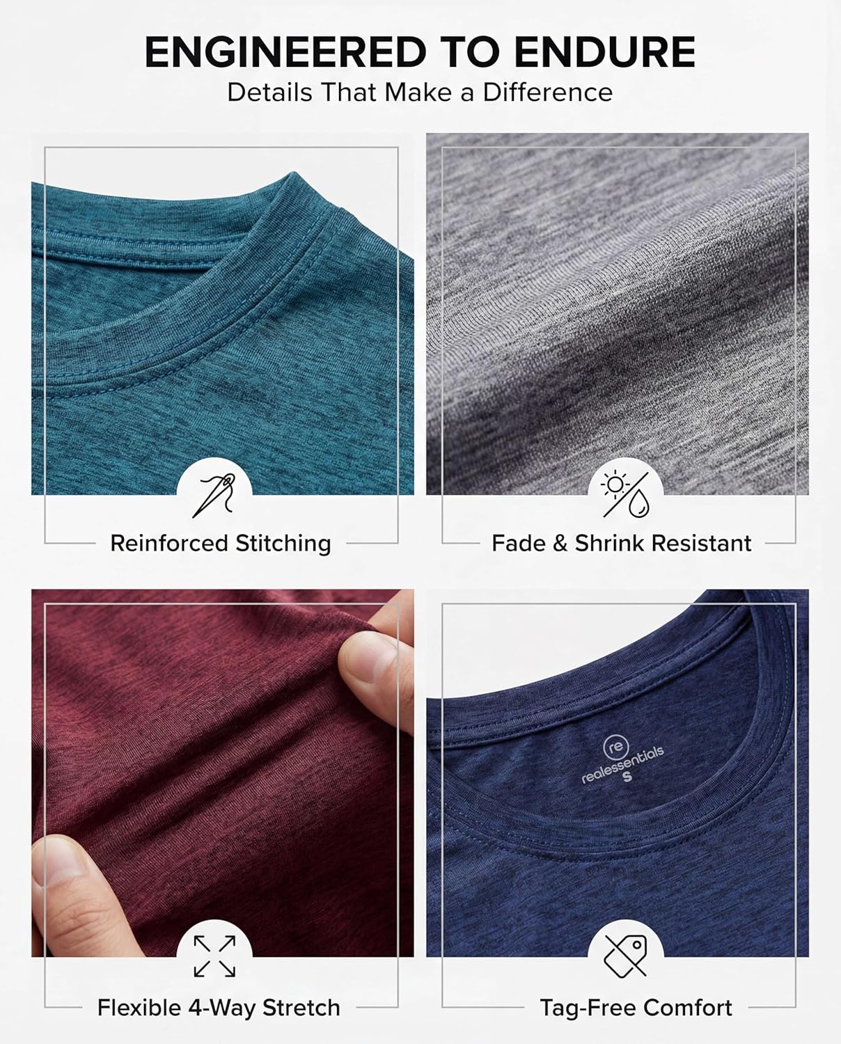 Real Essentials Men's Dry-Fit Crew Neck T-Shirts - 5 Pack for Fitness & Gym Workouts