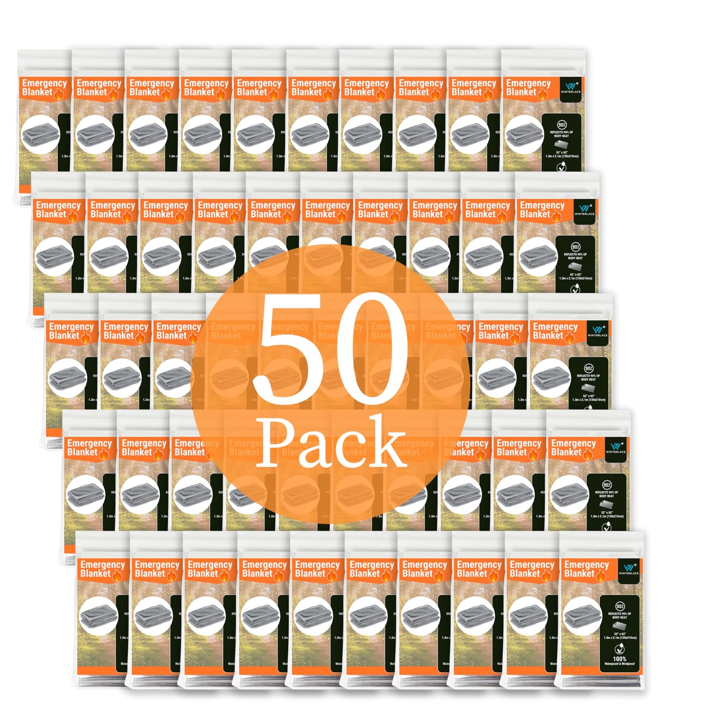 Winterlace Emergency Blankets 50-Pack (52” x 82”) Thermal Mylar Survival Rescue Camping Heat Reflective (50)
