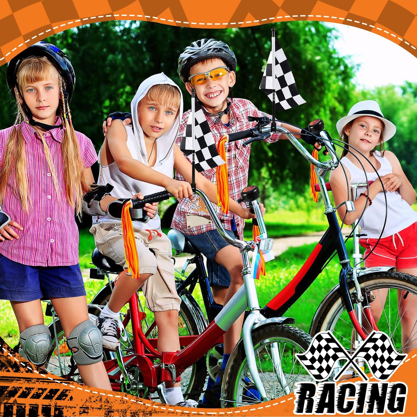 Liliful 5 Pcs Kids Bike Accessories Sets Include 2 Pcs Flame Bike Tassel Streamers Bell 2 Black and White Checkered Flags Pinwheel Toddler Kids Boys Girls Gift Decoration Kit