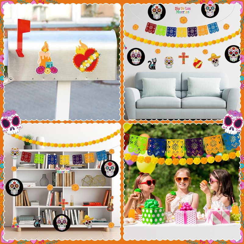 R HORSE 29Pcs Day of The Dead Golf Cart Decoration Kit, Mexican Party Banner Marigold Garland Burlap Bunting Flag Waterproof Sugar Skull Sticker Decor Dia De Los Muertos Party Supplies