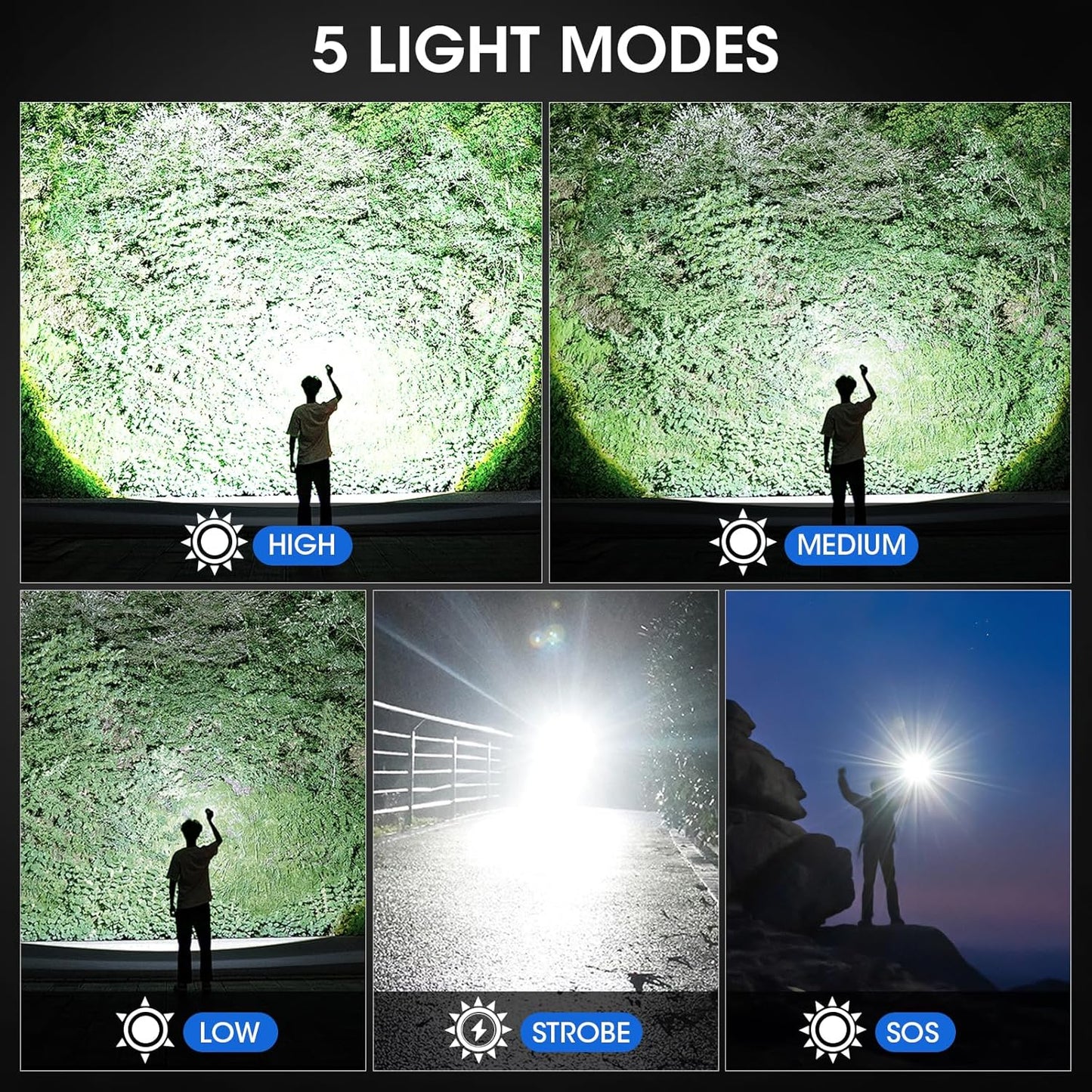 Super Bright Rechargeable Flashlight - 90,000 Lumens, 5 Modes, IPX7 Waterproof - 3 Pack for Home & Camping