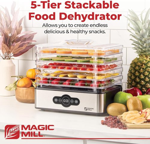 Magic Mill Food Dehydrator Machine - 5 Stackable Stainless Steel Trays, 48-Hour Timer & Adjustable Temperature Control Up to 167°F for Jerky, Fruits & Treats