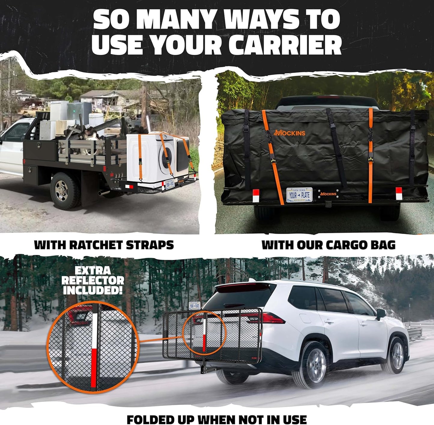 Mockins XXL Folding Trailer Hitch Cargo Carrier - 500 Lbs Capacity All-Weather Steel Rack | 70"x30"x6" w/ 40 CuFt Waterproof Bag & Accessories