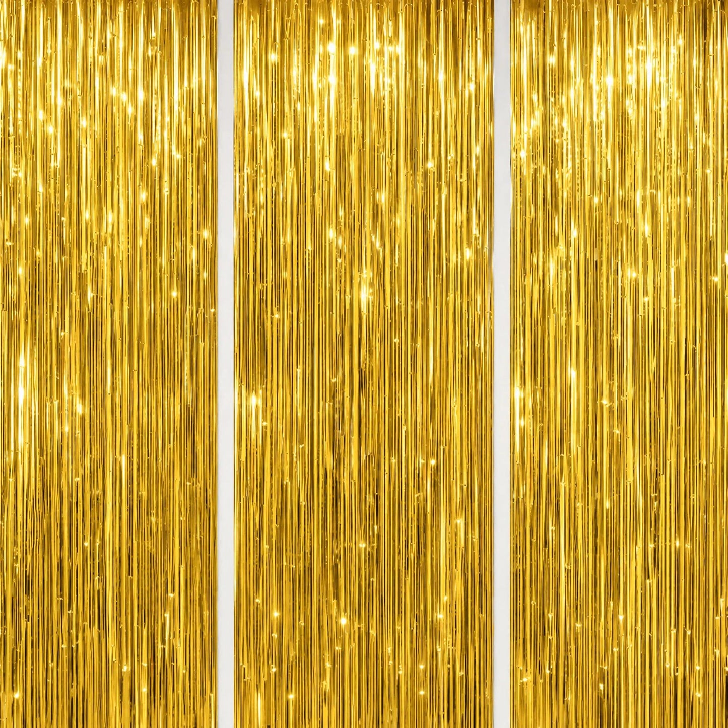DECOCKRAT 3 Pack Foil Fringe Backdrop - Gold Shiny Tinsel Curtains for Party Decoration/Photo Booth Props - 3.3x8.2 FT Metallic Foil Backdrop for Birthday, Wedding, Graduation, Christmas.