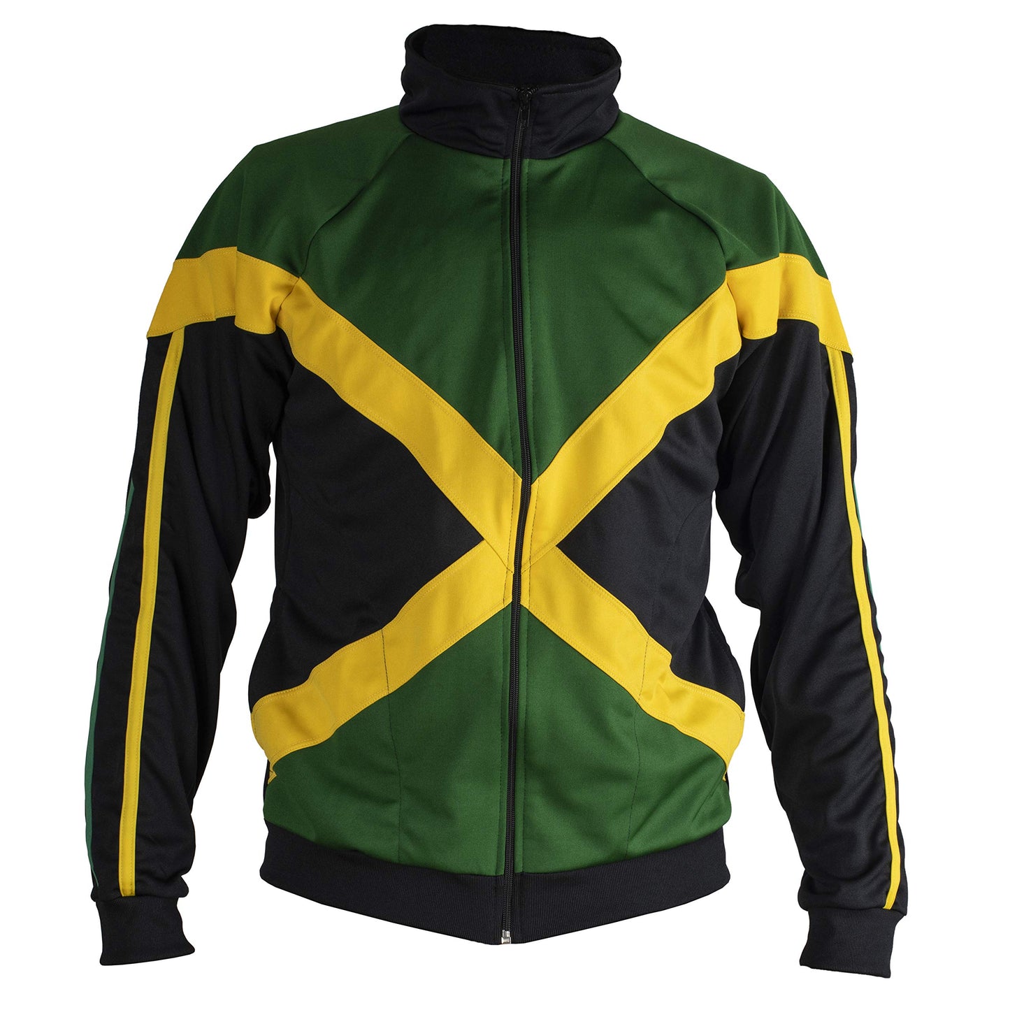 JL Sport Jamaica Proud Power Authentic Jamaican Long Sleeved Reggae Zip-Up Jacket - Unisex (Black, Green and Yellow) XL
