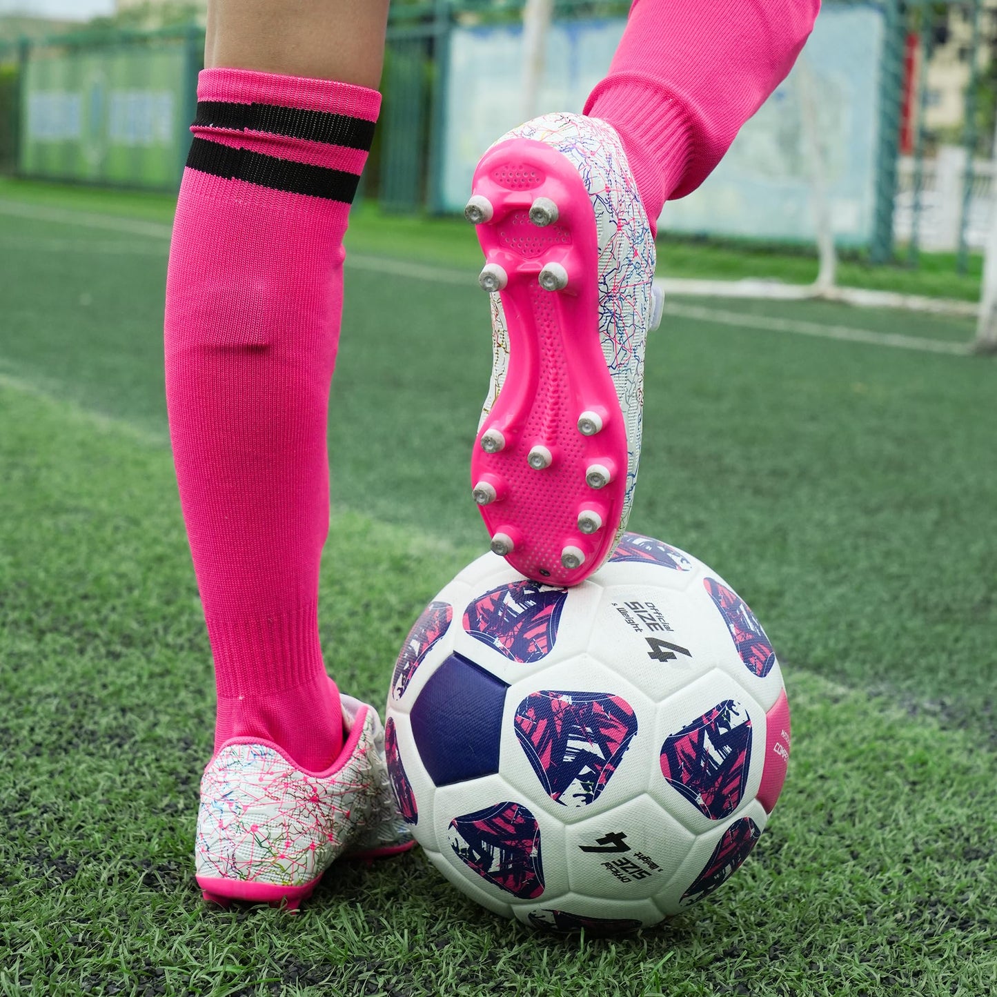 brooman Kids Firm Ground Soccer Cleats Girls Football Cleats with Shin Guards and Soccer Socks (13,White Pink)