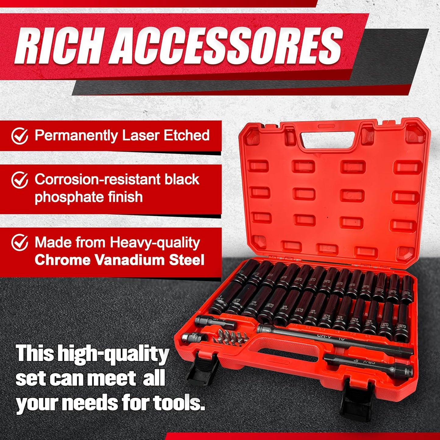 29-Piece Deep Impact Socket Set with Extensions | SAE & Metric Cr-V Steel