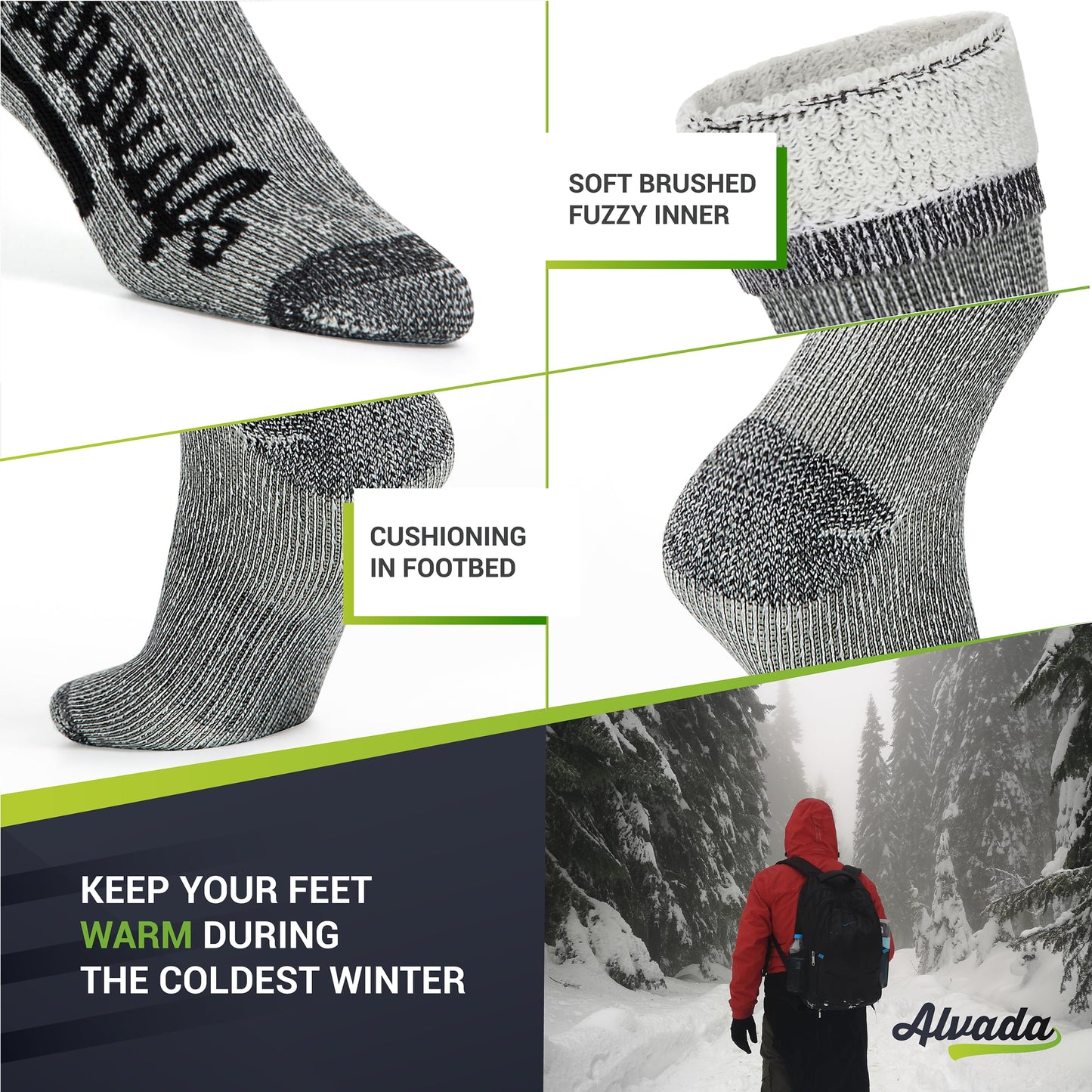 Alvada Merino Wool Hiking Socks Thermal Warm Crew Winter Boot Sock For Men Women 3 Pairs SM