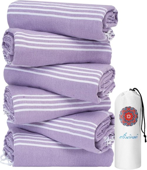 Antfuny Turkish Beach Towels - 6 Pack Yoga Blankets for Gym & Outdoor Use | Perfect Gift for Dad, Husband, or Brother - Purple