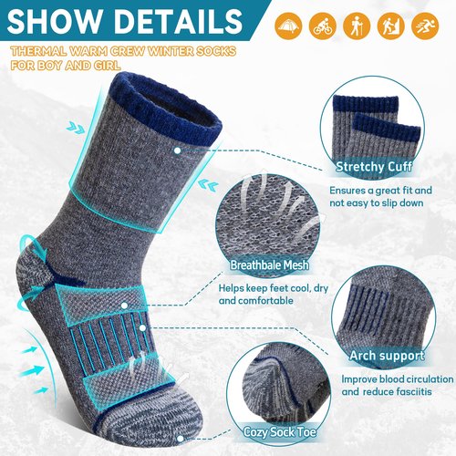 Eocom Kids Merino Wool Hiking Socks Toddlers Boys Girls Thermal Warm Winter Cushion Moisture Wicking Boot Crew Socks 6 Pairs(Assorted Color, 4-7 Years)