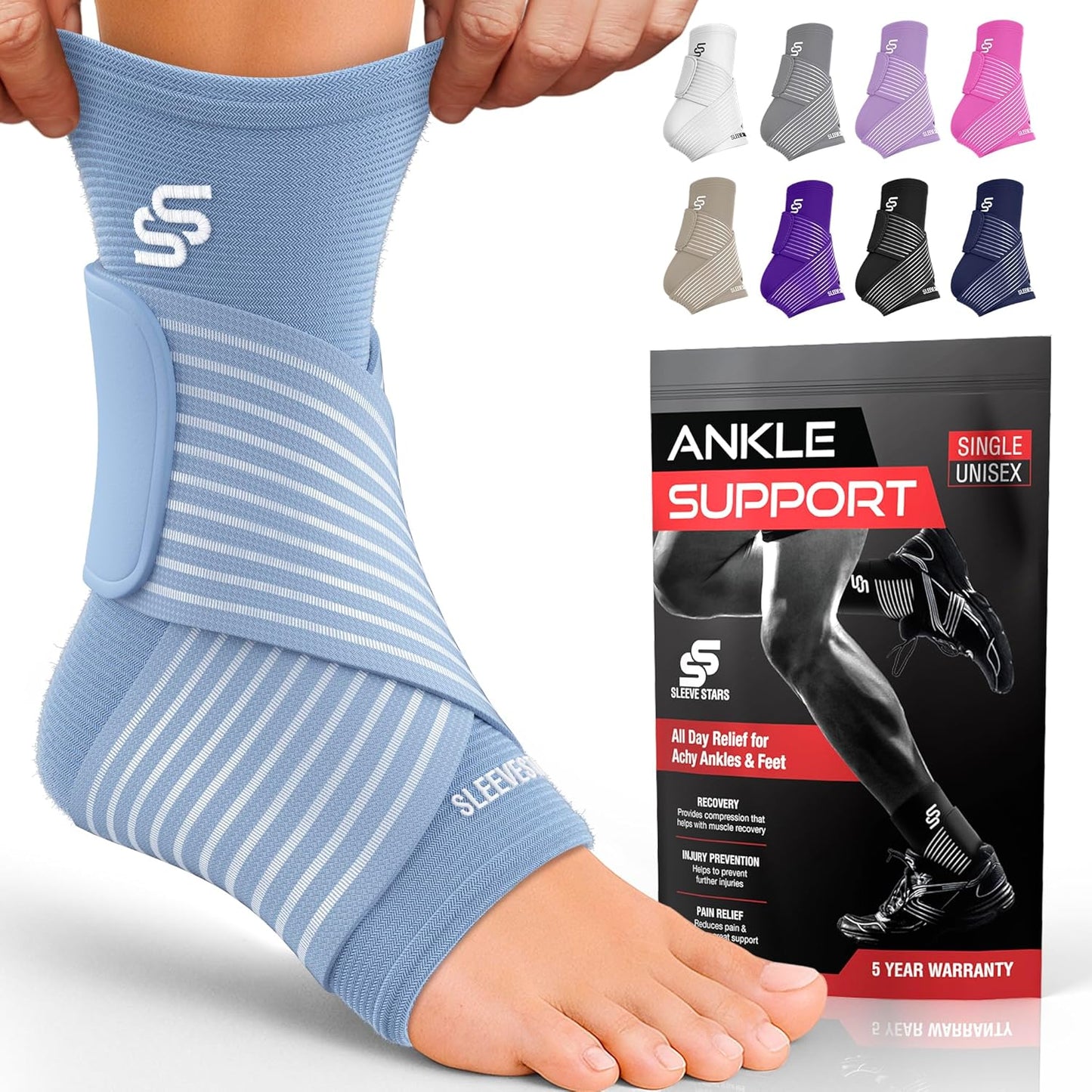 Sleeve Stars Ankle Brace - Compression Support for Sprained Ankles & Plantar Fasciitis | Light Blue, Size L (12"-13")