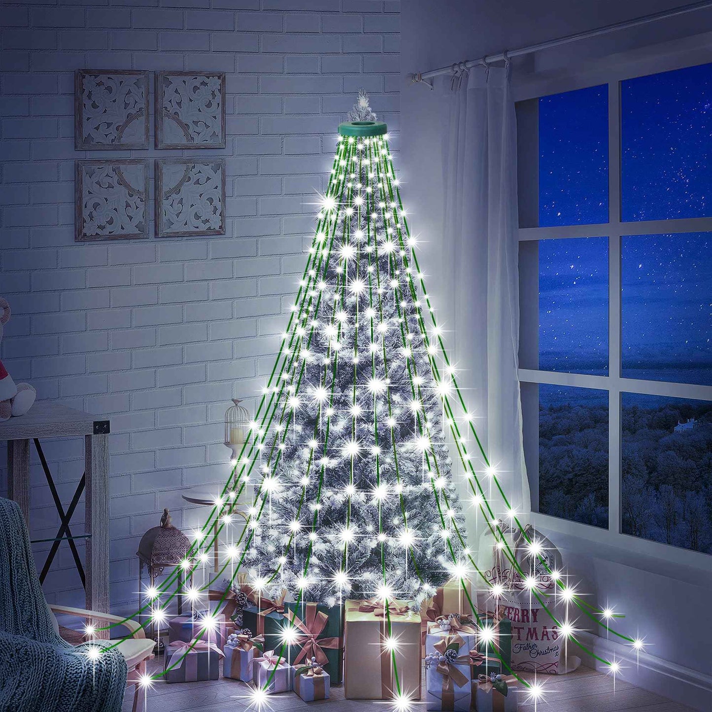 Outdoor 8.1 FT 16 Lines White Christmas Tree Lights with Ring, 448 LED Christmas String Lights with 8 Modes& Timer, Cascading Twinkle Light for Xmas Tree Tent Party Yard Decoration