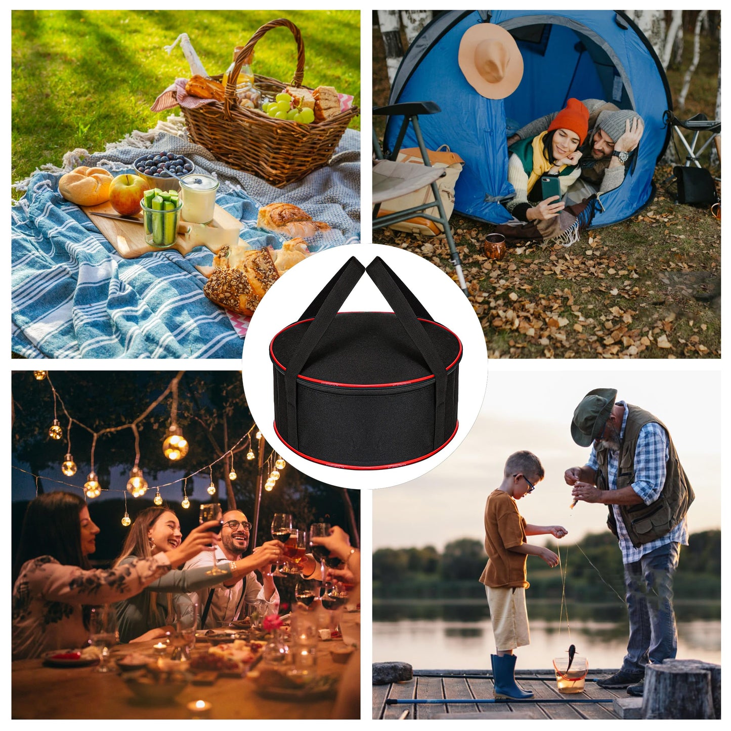 KH866 Camping Tableware Organizer Outdoor Hiking Plate Dishes Bowl Pot Storage Bag, Large Round Crockery Protectors Travel Dinnerware Chest, Camp Dish Bags with Zipper for Cupboard