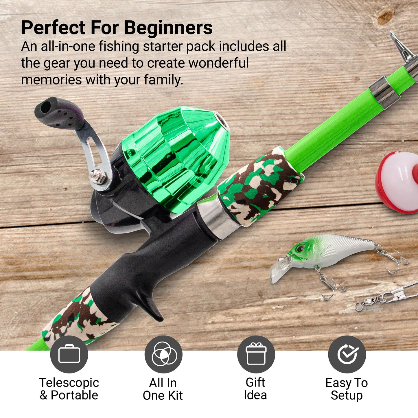 Lanaak Beginner Kids Fishing Pole & Tackle Box - Camo Green Fishing Rod