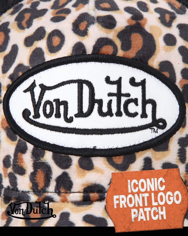Von Dutch Unisex Trucker Hat - Velvet Curved Bill Mesh Back Retro Classic Adjustable Snapback Baseball Cap for Men and Women, Size One Size, Natural Leopard