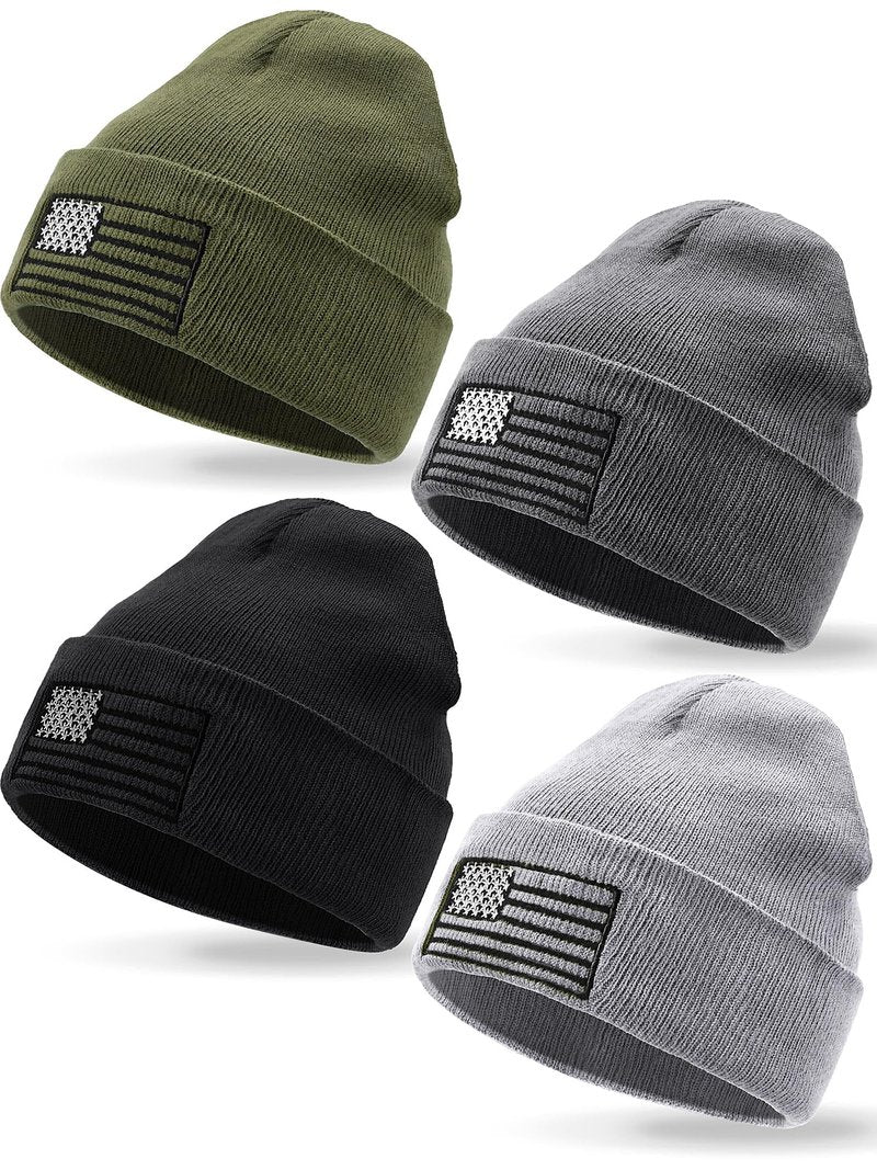 ROLVNHTV 4 Pieces American Flag Beanie Men Winter Hats Tactical Knit Beanie Military Army Skull Cap Patriotic Watch Caps USA Hats for Winter