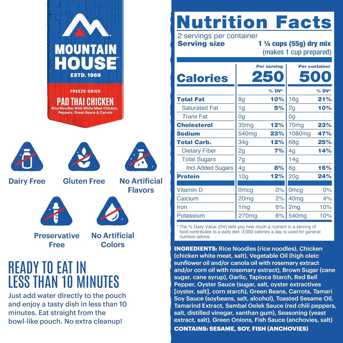 Mountain House Gluten-Free Pad Thai with Chicken - Freeze-Dried Camping Meal, 2 Servings, 30-Year Shelf Life, 2-Pack