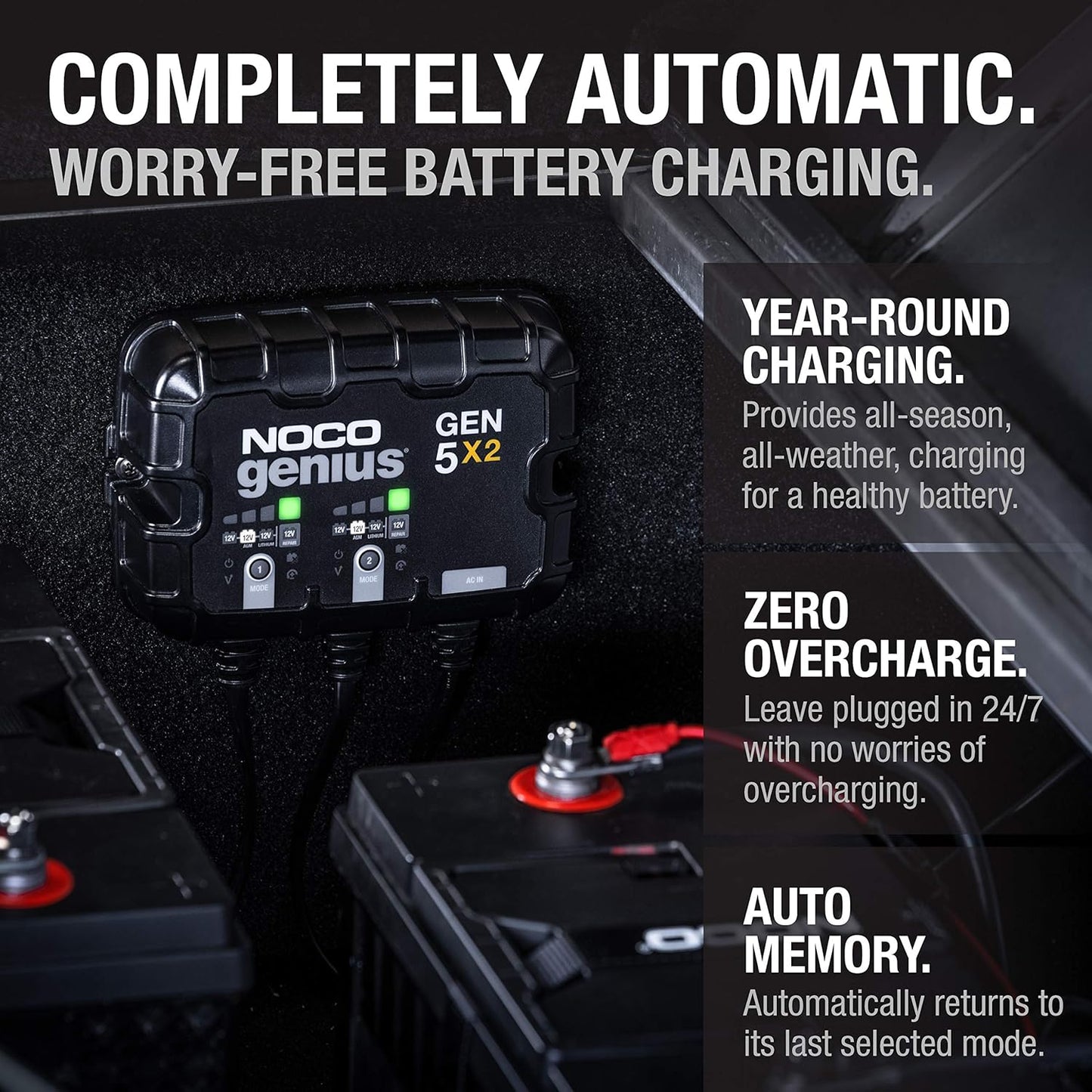 NOCO Genius GEN5X2 Onboard Battery Charger - 2-Bank, 10A, Waterproof, 12V with Overcharge Protection & Temp Compensation