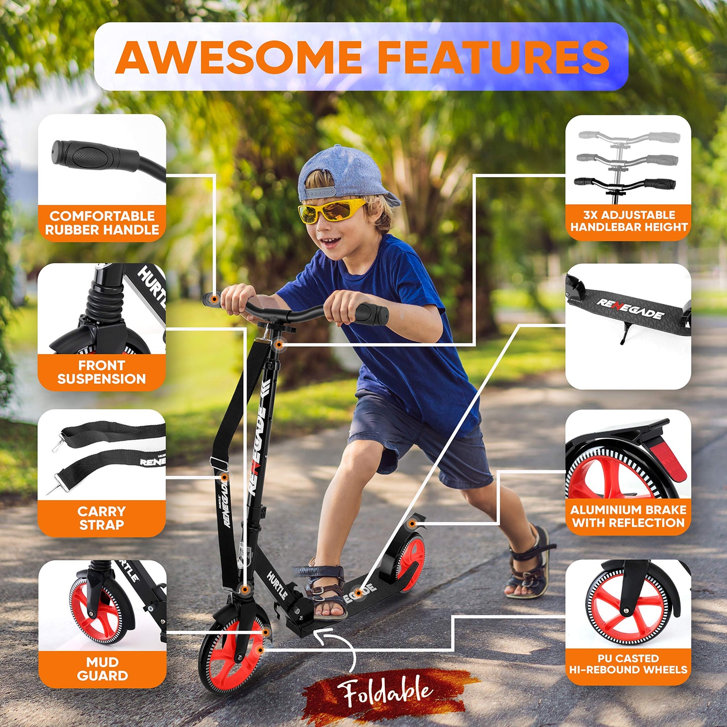 Hurtle Two Wheel Scooter for Teens, Smooth Gliding Kick Scooter for Adults w/ Adjustable Height for Ages 8+, Portable All Terrain Scooter w/ Carry Straps, Easy to Fold