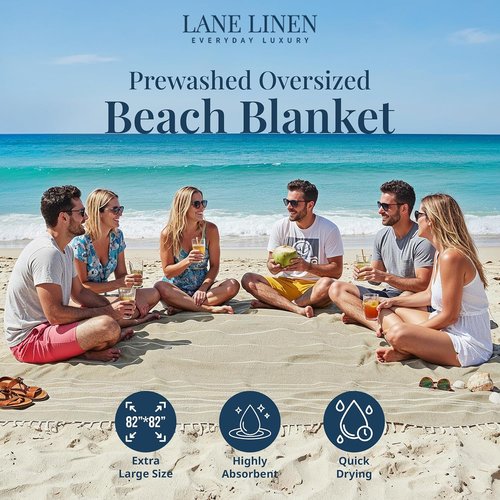 LANE LINEN Picnic Blanket - Sandproof Turkish Beach Blanket, Lightweight & Quick-Dry, 82"x82", Beige