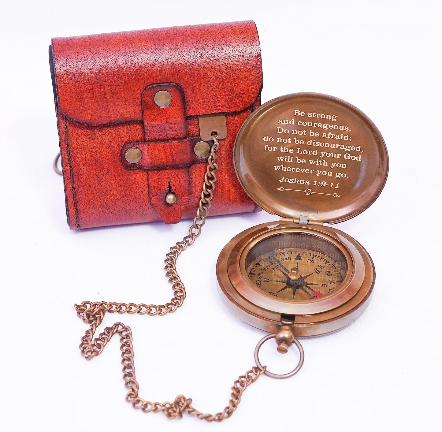 Religious Christian Gift Compass (Joshua 1:9) - Brass Compass with Leather Case - Engraved Personalized Compass - Baptism Gifts for Boys Girls - Confirmation Gift for Men