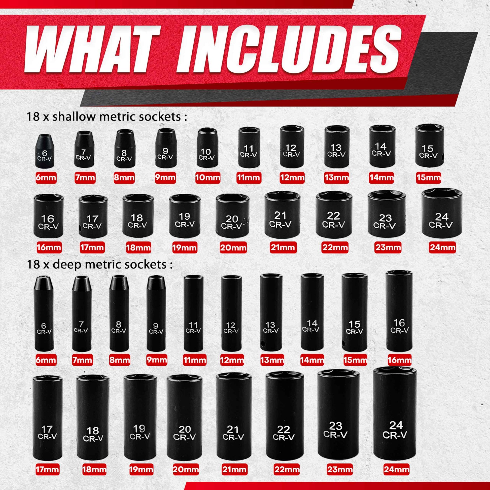 EACELIY 64pcs 3/8" Socket Set,Drive Impact Socket Set, SAE/Metric, Deep & Shallow, Cr-V Steel, 6 Point with Adapters, 72T Ratchet Handle, Extension Bars，Bit Adapter，6-24mm，5/16-1 inch