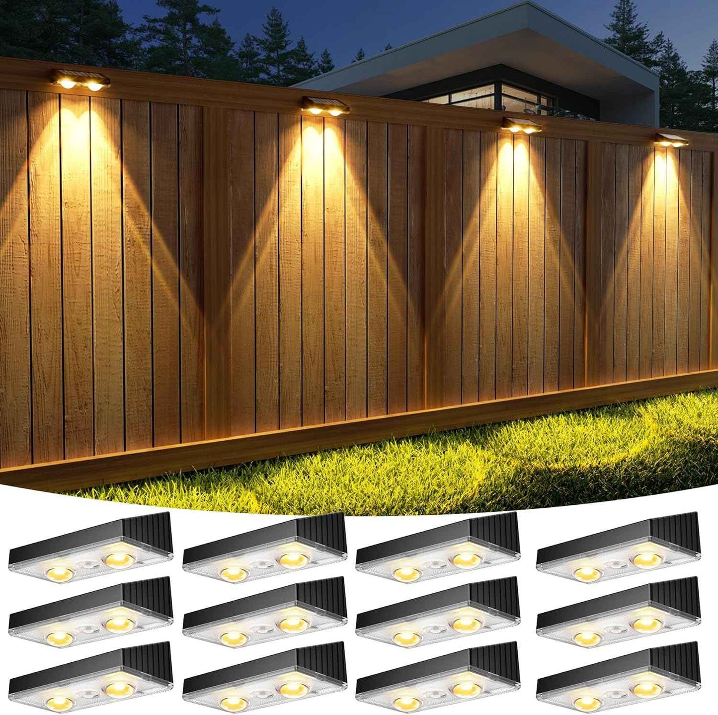 Solar Fence Lights Outdoor - Waterproof Warm White LED Lighting for Backyard, Deck & Patio (16 Pack, Black)