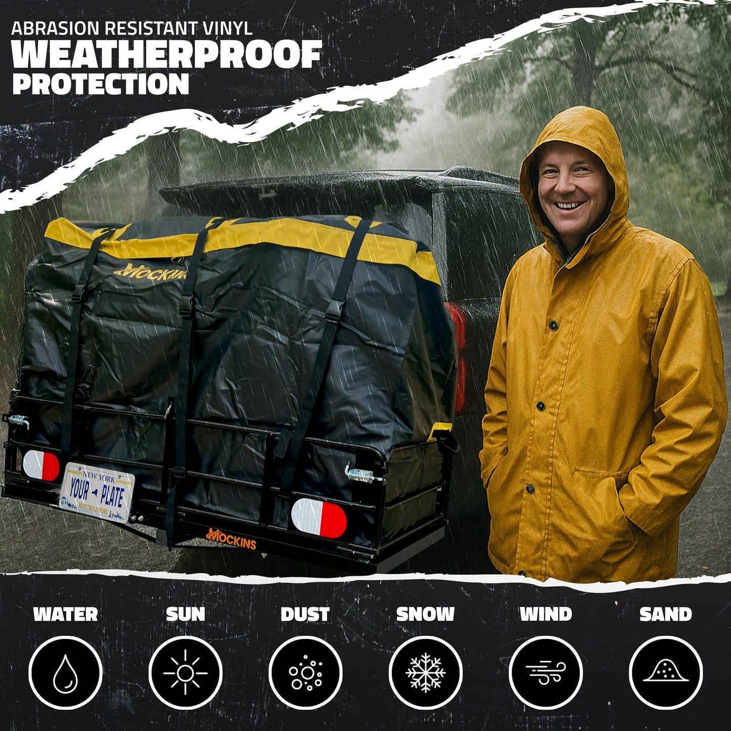 Mockins 60"x24"x14" High Rail Trailer Hitch Cargo Carrier w/License Plate Bracket & 30 Cu.Ft. Waterproof Cargo Hitch Carrier Bag | 500 Lbs. Cap All-Weather Folding Luggage Rack for SUV Truck & Car Set