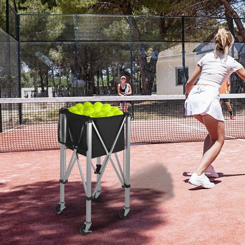 Lineslife Portable Tennis Ball Hopper Holds 200 Balls, Tennis Ball Basket Cart with 4 Wheels & Brakes, Detachable Oxford Fabric Bag for Tennis and Pickleball Training, Black