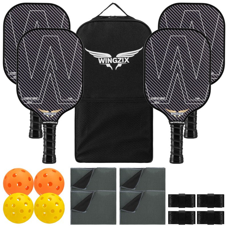 Wingzix Pickleball Set of 4 – T700 Carbon Fiber Pickleball Paddles/Pickleball Racket – 16mm Honeycomb Core, Lightweight – 4 Balls, Carry Bag & Accessories – Premium Gift Set