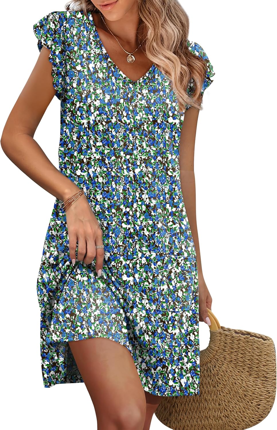 OFEEFAN Women's Summer Dresses - Ruffle Sleeve V-Neck Loose Swing Sundress with Pockets | Plain & Print Options
