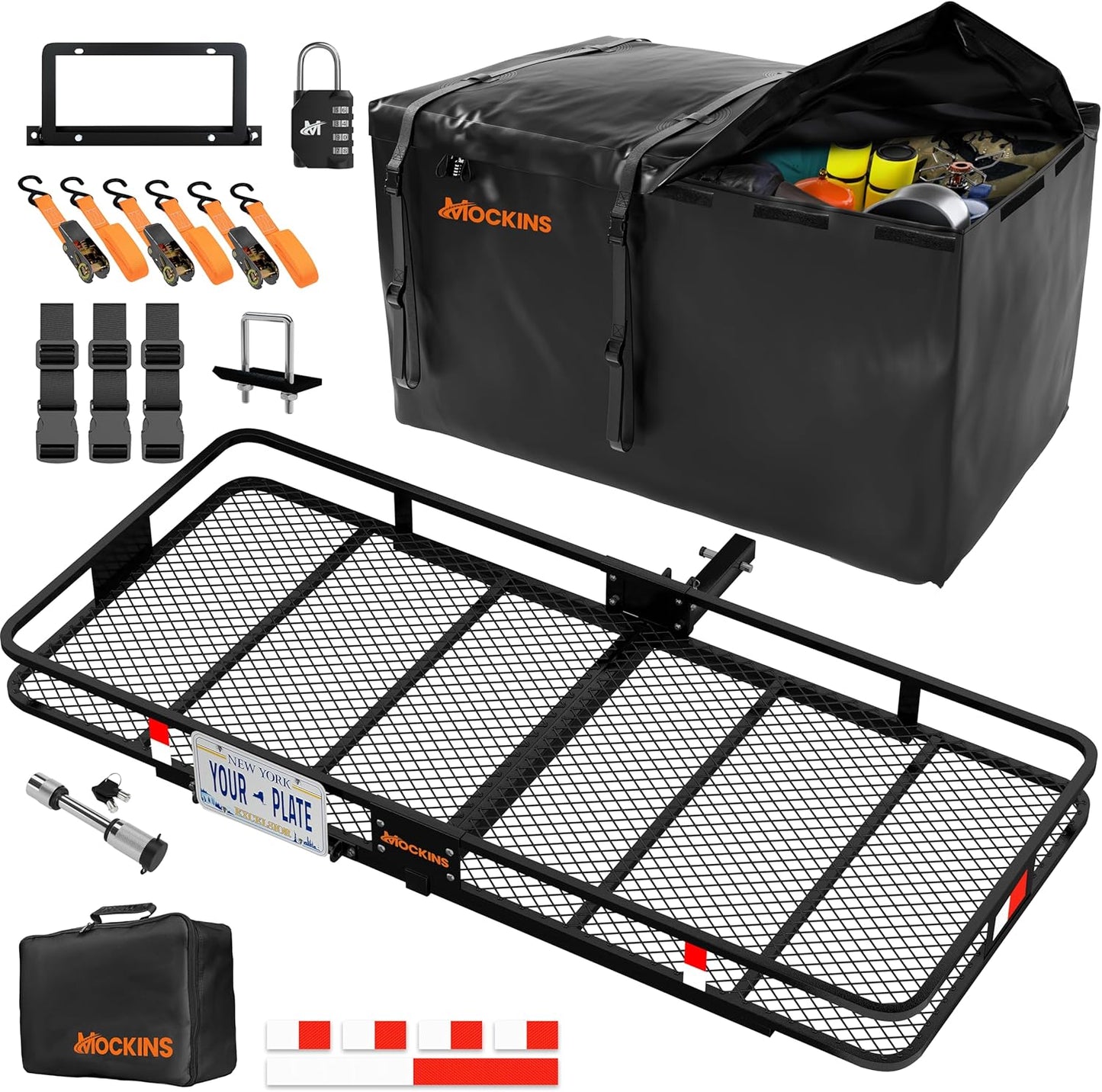 Mockins XXL Folding Trailer Hitch Cargo Carrier - 500 Lbs Capacity All-Weather Steel Rack | 70"x30"x6" w/ 40 CuFt Waterproof Bag & Accessories