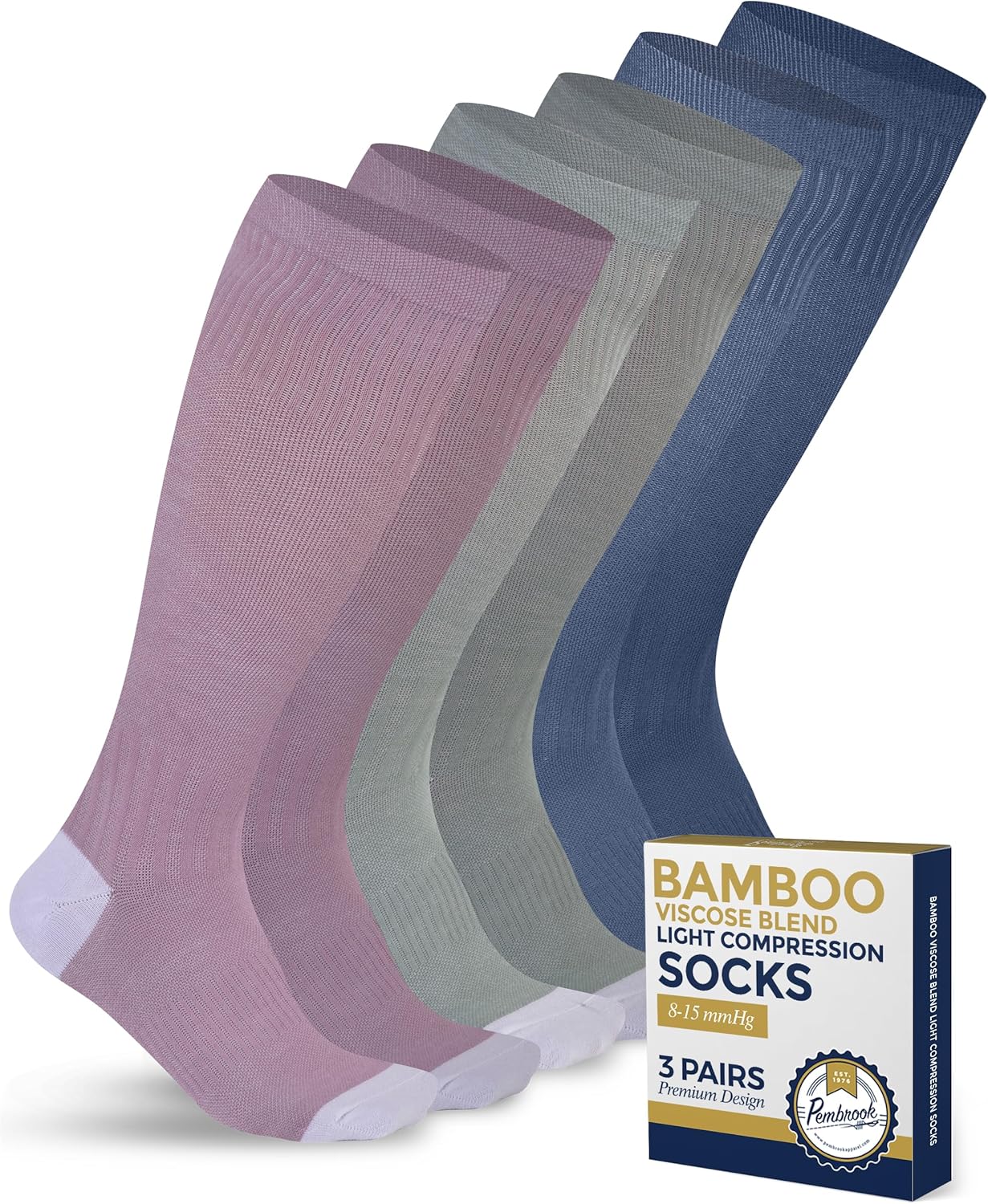 Pembrook Bamboo Viscose Compression Socks - 8-15 mmHg Light Support | 3 Pairs of Knee High Comfort