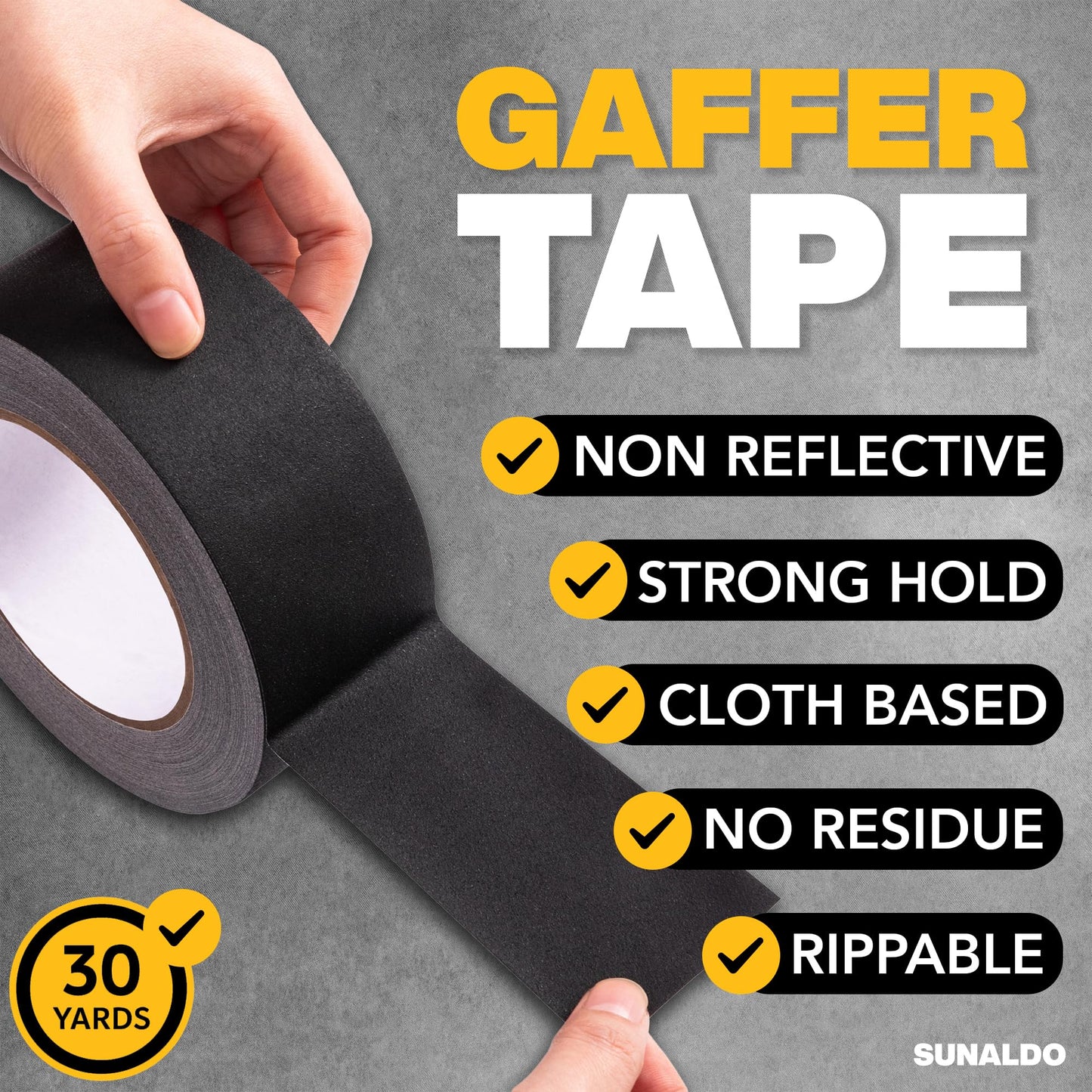 SUNALDO Gaffers Tape Heavy Duty, Easy to Rip, Residue-Free Professional Grade Floor Tape for Electrical Cords, Matte Finish Non Reflective, Weather Resistant (1, Black, 2" x 30 Yards)