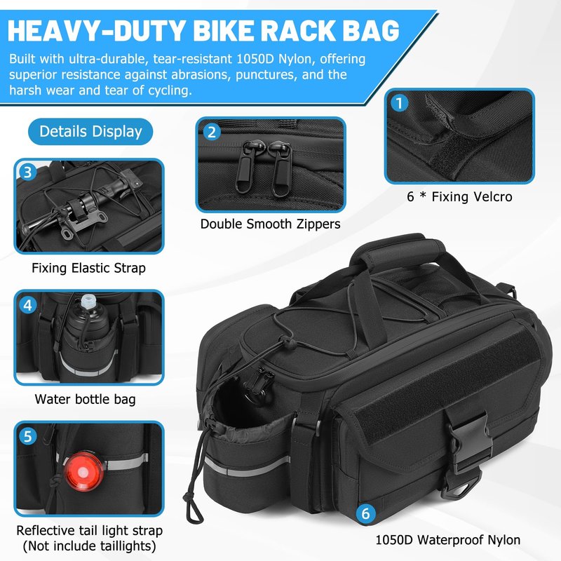 CDYWD 1050D Waterproof Rear Bike Rack Bag, 15L Large Bicycle Trunk Bag with Shoulder Strap for Cycling Commuter Shopping Travel, Bike Back Cargo Rack Bike Saddle Bag for Ebike, MTB, Cruiser, City Bike