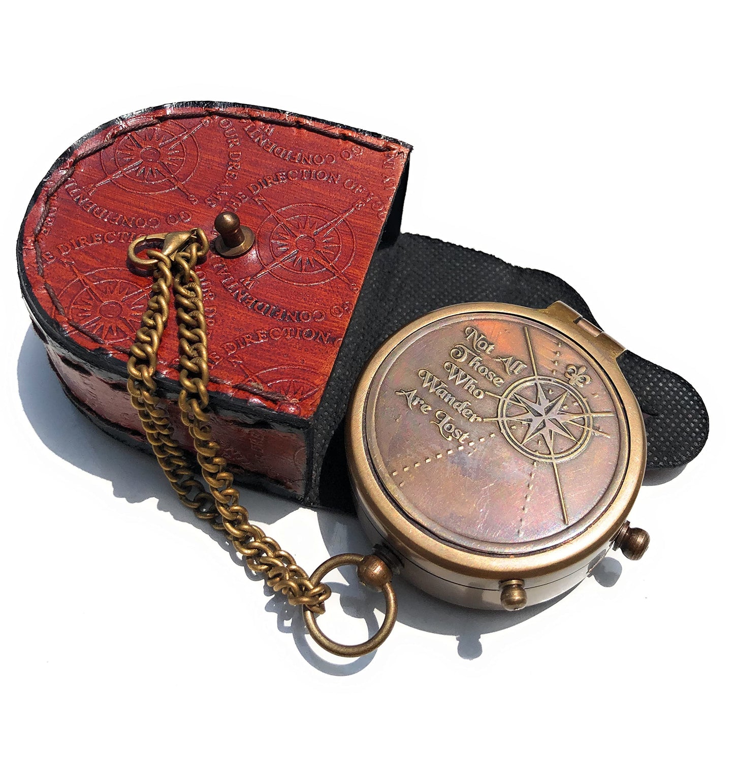 NauticalMart Brass Compass with Engraving - Not All Who Wander are Lost - Personalized Gift for Adventurers - Includes Leather Case - Ideal for Camping and Nautical Enthusiasts