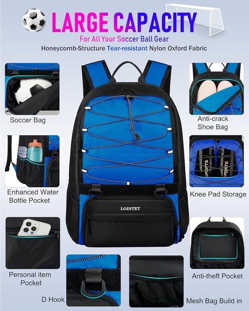 Lointet Youth Soccer Bag - Versatile Sports Backpack with Ball Compartment | Fits Basketball, Football, Volleyball - Black