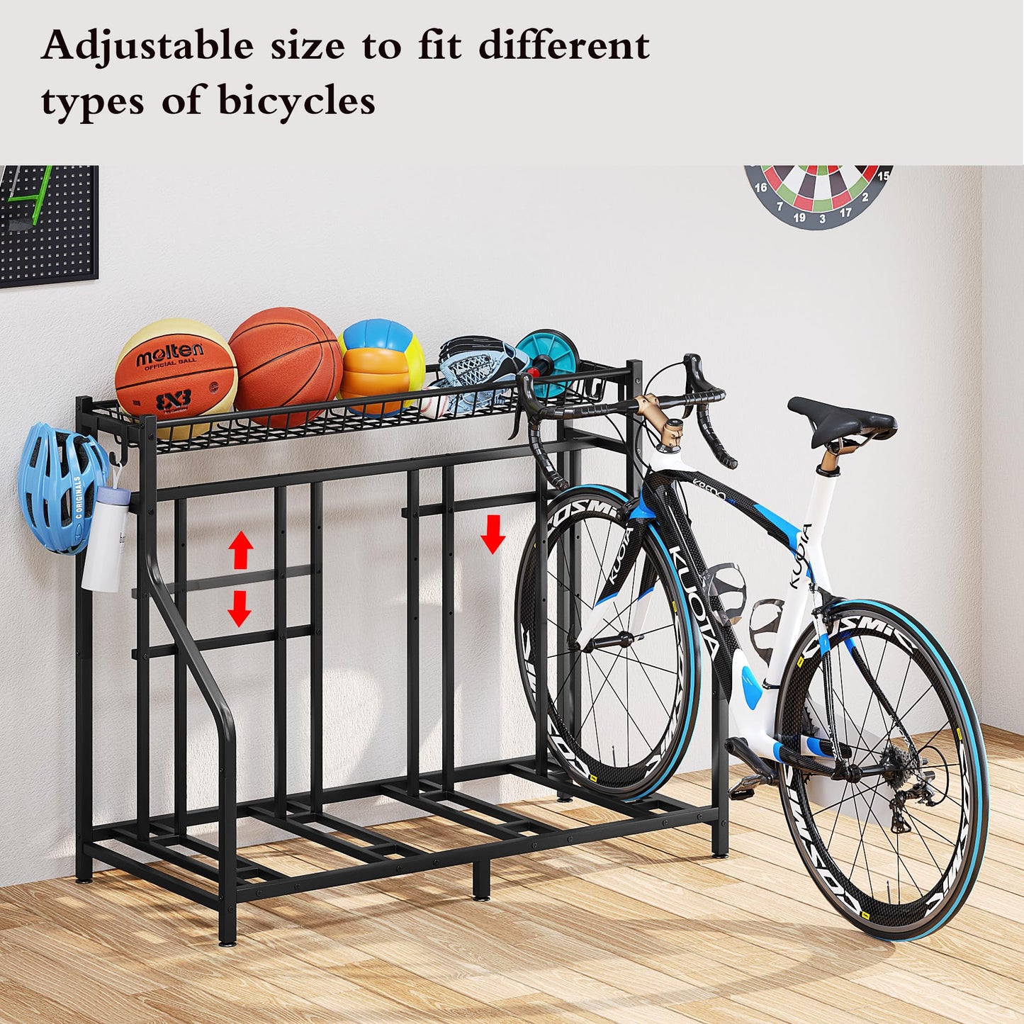 YIZAIJIA Bike Rack Storage Stand Organizer Floor Holds 4 Bicycle Parking Freestanding Adjustable Garage Indoor Outdoor Bike and Sports Storage Station, Black (4 Bike Stand)